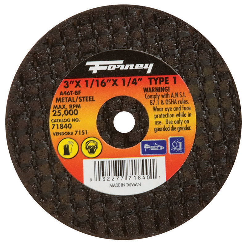 Forney 3 in. D X 1/4 in. X 1/16 in. thick Aluminum Oxide Metal Cut-Off Wheel 1 pc