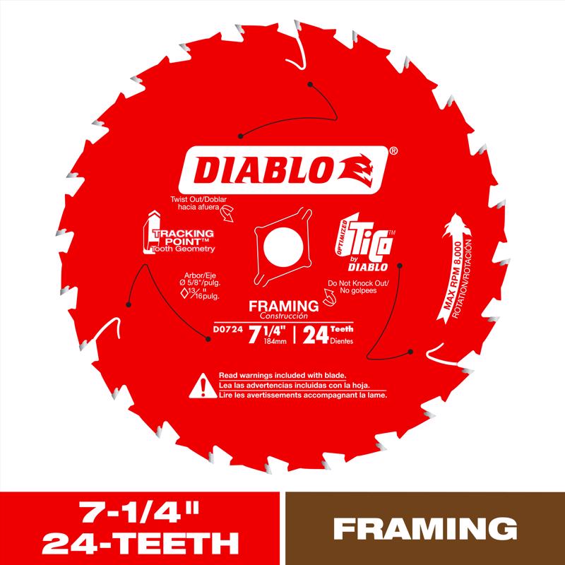 Diablo Tracking Point 7-1/4 in. D X 5/8 in. TiCo Hi-Density Carbide Saw Blade 24 teeth 1 pk