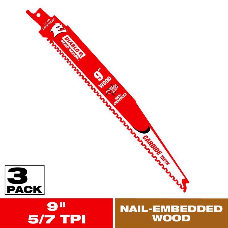 Diablo Demo Demon 9 in. Carbide Tipped Nail-Embedded Wood Reciprocating Saw Blade 5/7 TPI 3 pk
