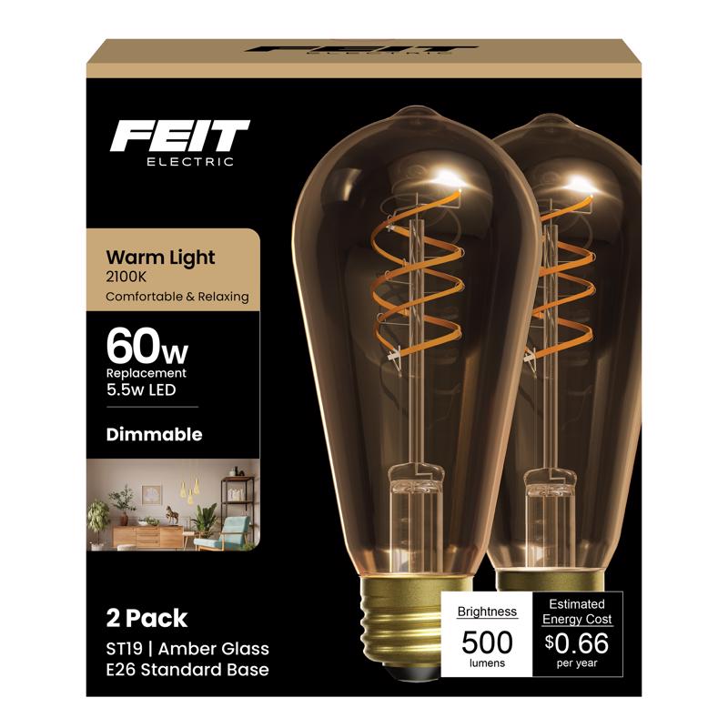 Feit ST19 E26 (Medium) Filament LED Bulb Amber 60 Watt Equivalence 2 pk