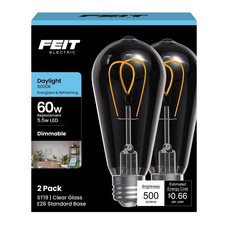 Feit ST19 E26 (Medium) Filament LED Bulb Daylight 60 Watt Equivalence 2 pk