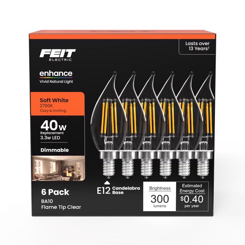 Feit Enhance CA10 (Flame Tip) E12 (Candelabra) Filament LED Bulb Soft White 40 Watt Equivalence 6 pk