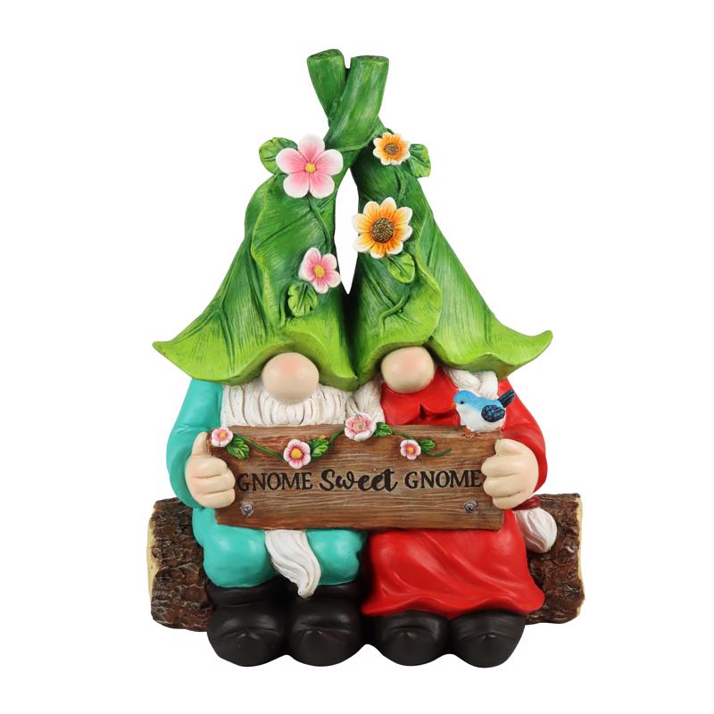 Exhart Multicolored Resin 13 in. H Gnome Couple w/Sign Solar Statue