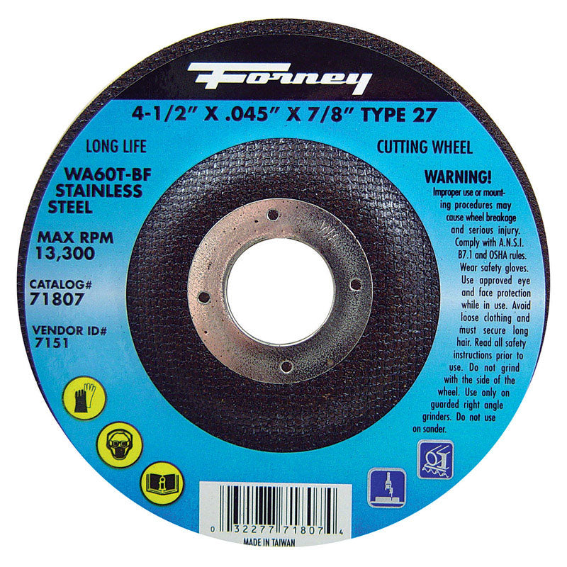Forney 4-1/2 in. D X 7/8 in. X .045 in. thick Aluminum Oxide Metal Cut-Off Wheel 1 pc