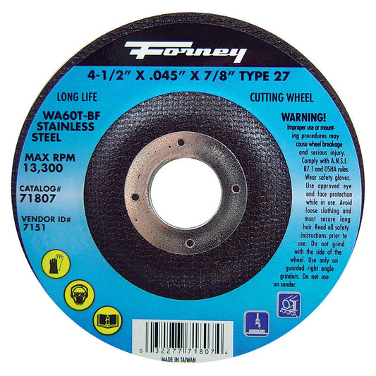 Forney 4-1/2 in. D X 7/8 in. X .045 in. thick Aluminum Oxide Metal Cut-Off Wheel 1 pc