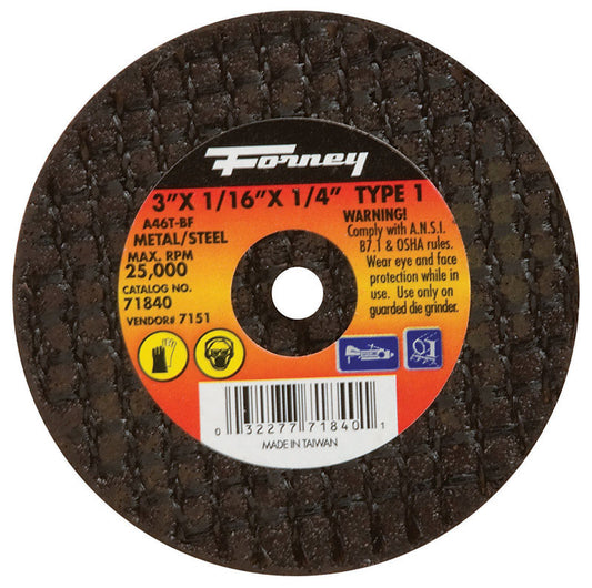 Forney 3 in. D X 1/4 in. X 1/16 in. thick Aluminum Oxide Metal Cut-Off Wheel 1 pc