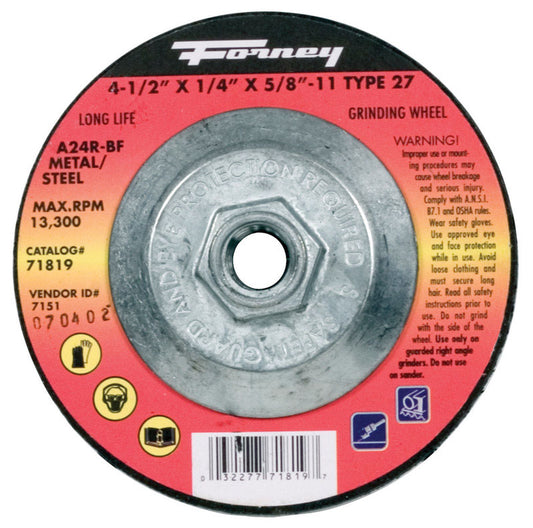 Forney 4-1/2 in. D X 5/8 in. in. X 1/4 in. thick Metal Grinding Wheel 1 pc