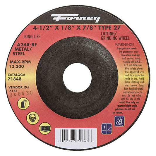 Forney 4-1/2 in. D X 7/8 in. in. X 1/8 in. thick Metal Grinding Wheel 1 pc