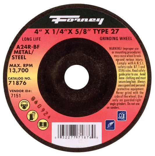 Forney 4 in. D X 5/8 in. in. X 1/4 in. thick Metal Grinding Wheel 1 pc