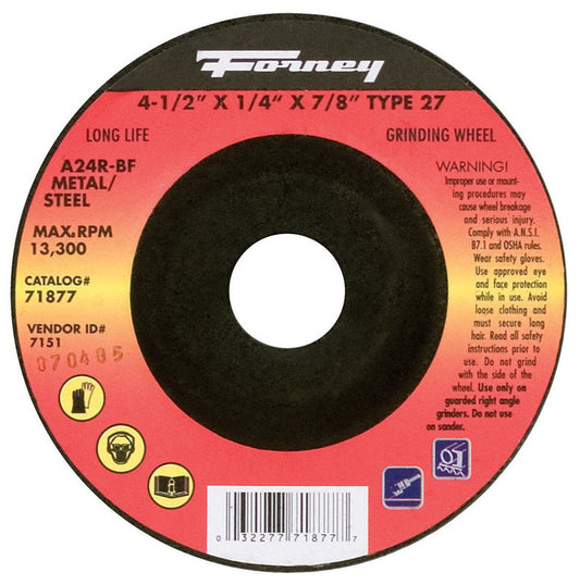 Forney 4-1/2 in. D X 7/8 in. in. X 1/4 in. thick Metal Grinding Wheel 1 pc