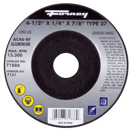 Forney 4-1/2 in. D X 7/8 in. in. X 1/4 in. thick Metal Grinding Wheel 1 pc