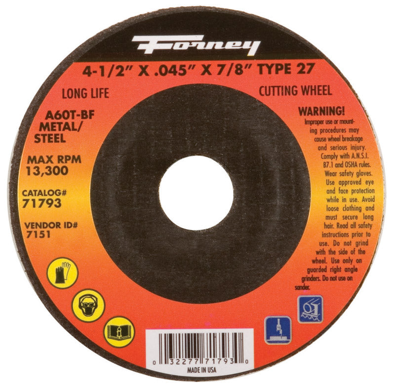 Forney 4-1/2 in. D X 7/8 in. X .045 in. thick Aluminum Oxide Metal Cut-Off Wheel 1 pc