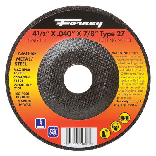 Forney 4-1/2 in. D X 7/8 in. X .040 in. thick Aluminum Oxide Metal Cut-Off Wheel 1 pc