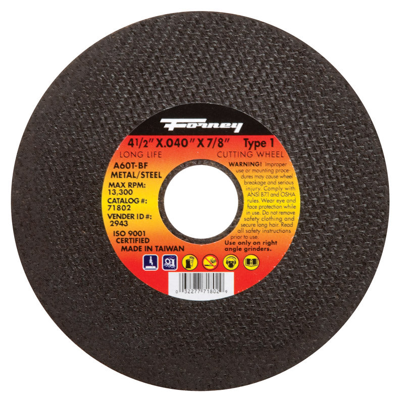 Forney 4-1/2 in. D X 7/8 in. X .040 in. thick Aluminum Oxide Metal Cut-Off Wheel 1 pc
