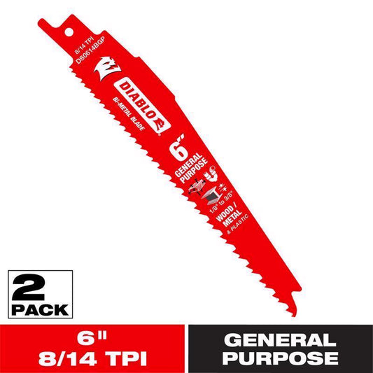 Diablo 6 in. Bi-Metal General Purpose Reciprocating Saw Blade 8/14 TPI 2 pk