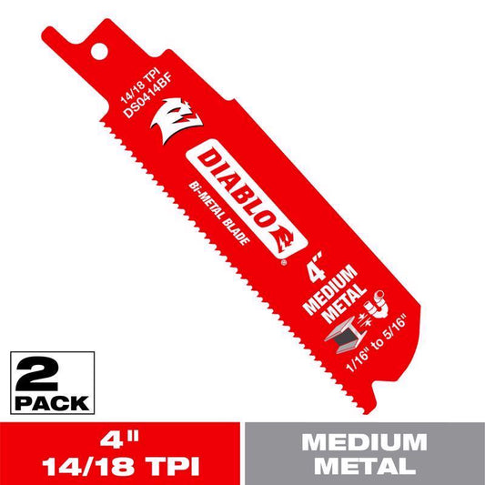 Diablo 4 in. Bi-Metal Medium Metal Reciprocating Saw Blade 14/18 TPI 2 pk