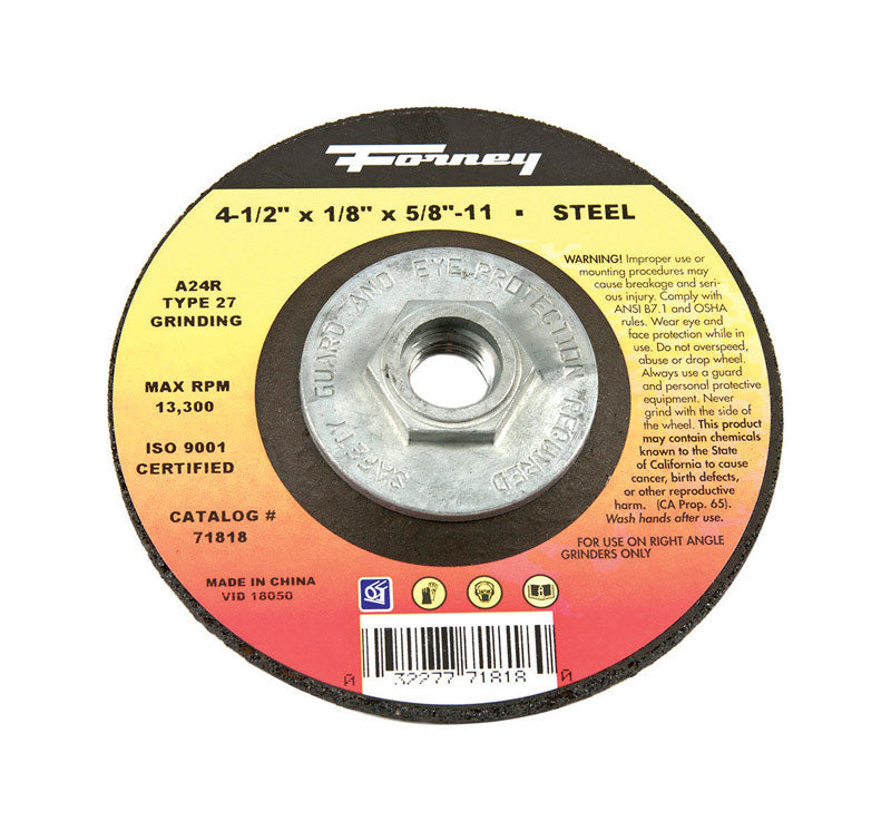 Forney 4-1/2 in. D X 5/8 in. in. X 1/8 in. thick Metal Grinding Wheel 1 pc