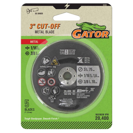 Gator 3 in. D X 3/8 in. X 1/16 in. thick Aluminum Oxide Type 1 Metal Cut-Off Blade 5 pc