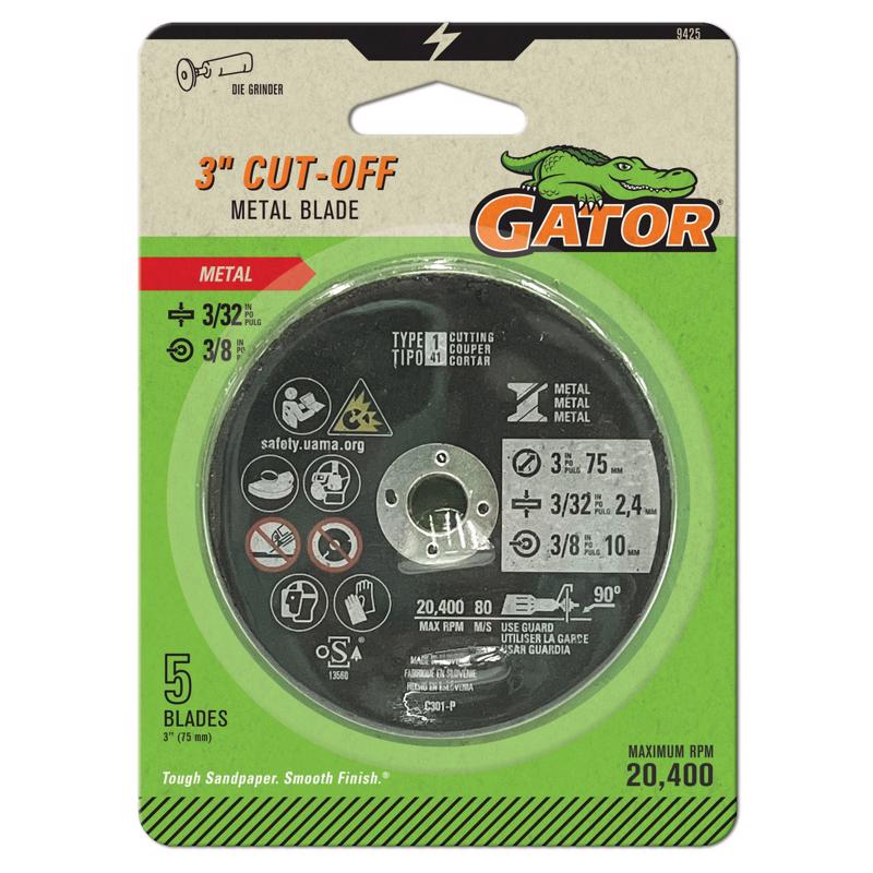 Gator 3 in. D X 3/8 in. X 3/32 in. thick Aluminum Oxide Type 1 Metal Cut-Off Blade 5 pc