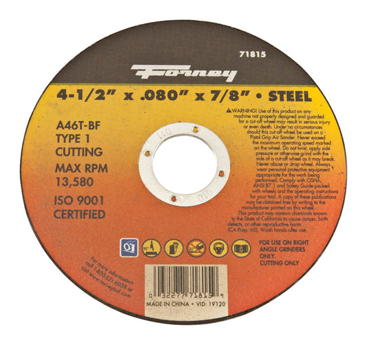 Forney 4-1/2 in. D X 7/8 in. X 0.08 in. thick Aluminum Oxide Metal Cut-Off Wheel 1 pc