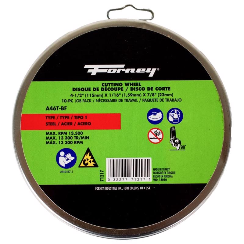 Forney 4-1/2 in. D X 7/8 in. X 1/16 in. thick Aluminum Oxide Metal Cutting Wheel 10 pk