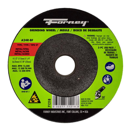 Forney 4-1/2 in. D X 7/8 in. in. X 1/4 in. thick Grinding Wheel 5 pk