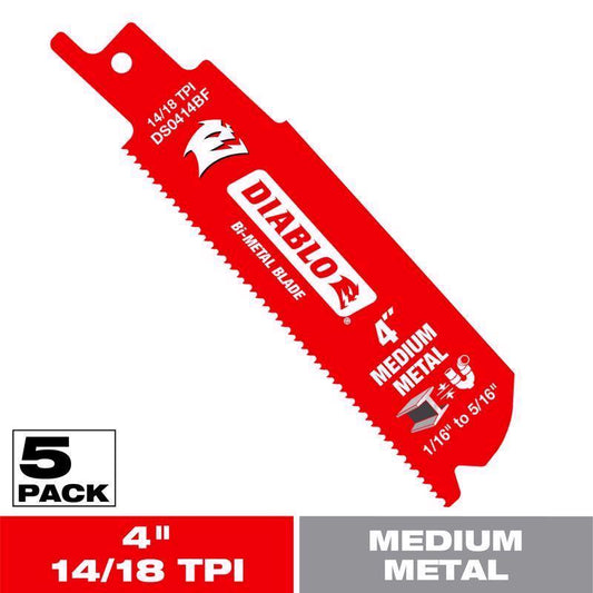 Diablo 4 in. Bi-Metal Medium Metal Reciprocating Saw Blade 14/18 TPI 5 pk