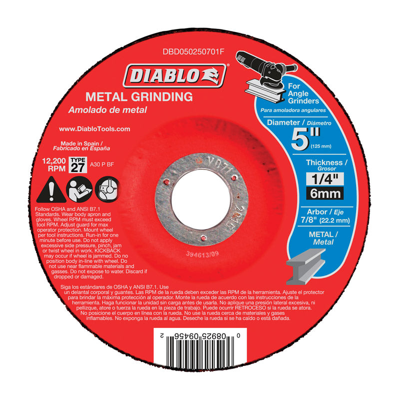 Diablo 5 in. D X 7/8 in. X 1/4 in. thick Aluminum Oxide Metal Grinding Disc 1 pc