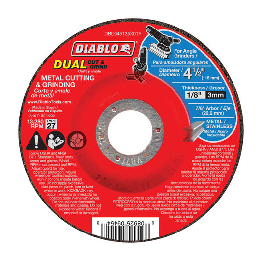 Diablo 4-1/2 in. D X 7/8 in. X 1/8 in. thick Aluminum Oxide Metal Dual Cut and Grind Disc 1 pk