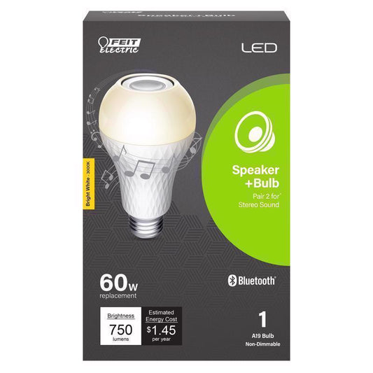 Feit A19 E26 (Medium) LED Speaker Bulb Bright White 60 Watt Equivalence 1 pk