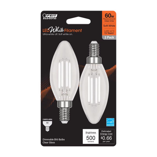 Feit White B10 E12 (Candelabra) Filament LED Bulb Soft White 60 Watt Equivalence 2 pk