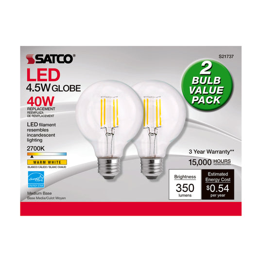 LED G25 E26 WW 40W C 2PK
