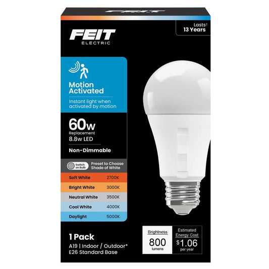 Feit A19 E26 (Medium) LED Motion Activated Bulb Adjustable White 60 Watt Equivalence 1 pk