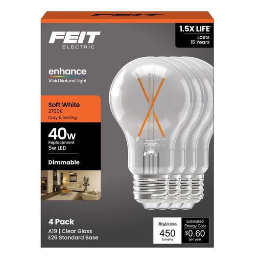 Feit Enhance A19 E26 (Medium) Filament LED Bulb Soft White 40 Watt Equivalence 4 pk