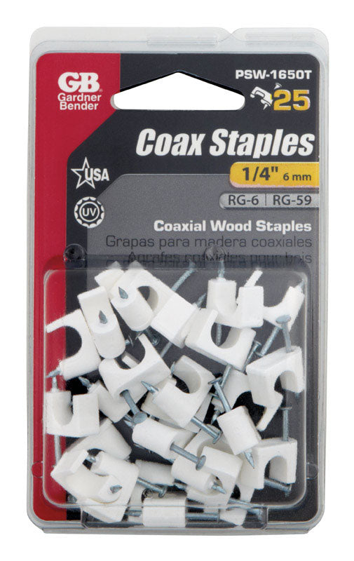 COAX STAPLE 1/4" WHT 25P