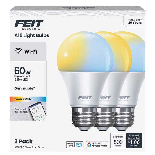 Feit A19 E26 (Medium) Smart-Enabled LED Bulb Tunable White 60 Watt Equivalence 3 pk