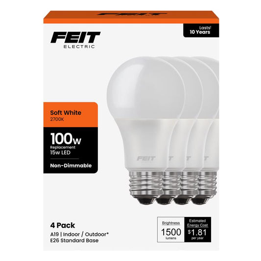 Feit A19 E26 (Medium) LED Bulb Soft White 100 Watt Equivalence 4 pk