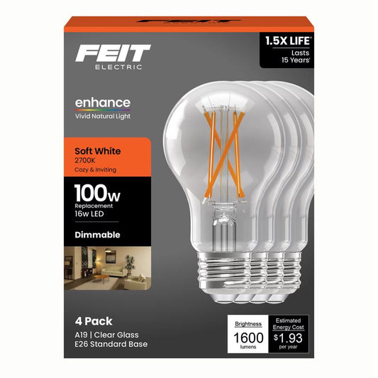 Feit A19 E26 (Medium) Filament LED Bulb Soft White 100 Watt Equivalence 4 pk
