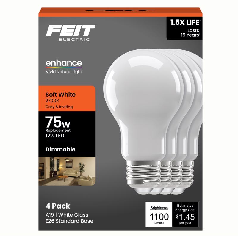 Feit A19 E26 (Medium) LED Bulb Soft White 75 Watt Equivalence 4 pk
