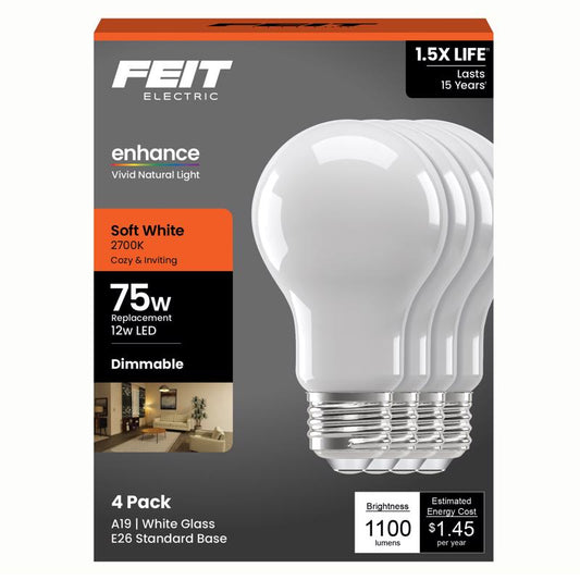 Feit A19 E26 (Medium) LED Bulb Soft White 75 Watt Equivalence 4 pk