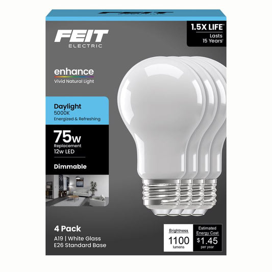 Feit A19 E26 (Medium) Filament LED Bulb Daylight 75 Watt Equivalence 4 pk