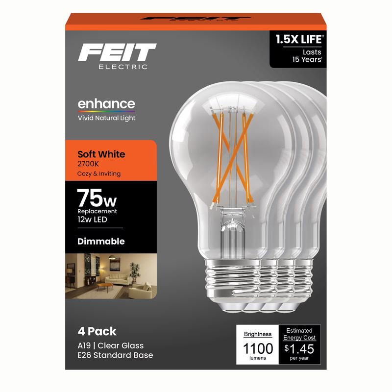 Feit A19 E26 (Medium) Filament LED Bulb Soft White 75 Watt Equivalence 4 pk