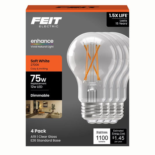Feit A19 E26 (Medium) Filament LED Bulb Soft White 75 Watt Equivalence 4 pk