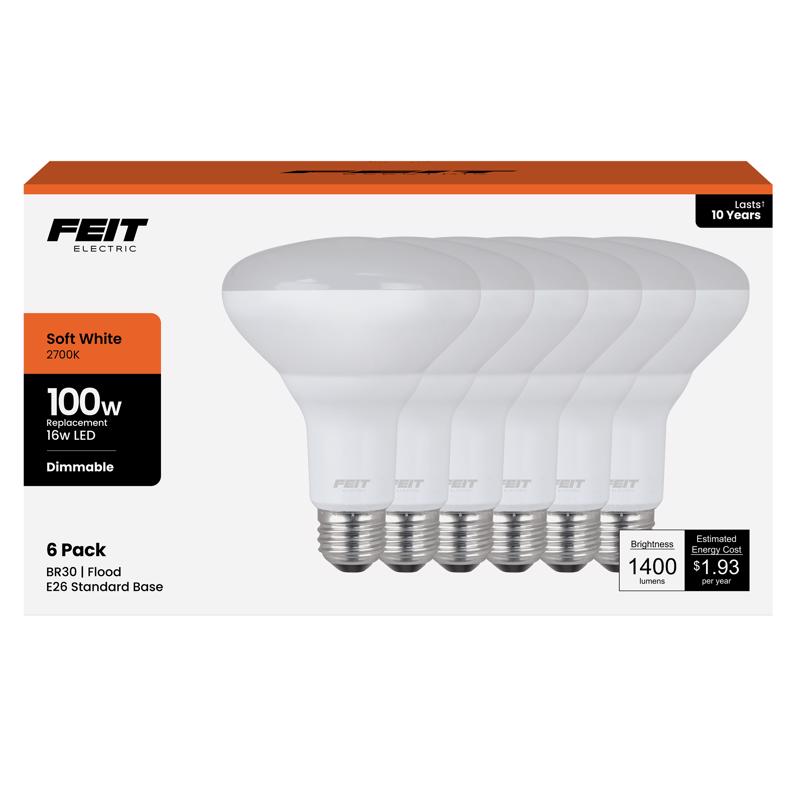 Feit BR30 E26 (Medium) LED Bulb Soft White 100 Watt Equivalence 6 pk