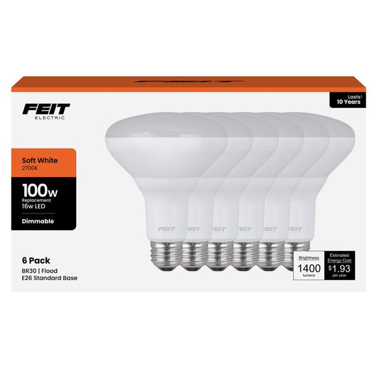 Feit BR30 E26 (Medium) LED Bulb Soft White 100 Watt Equivalence 6 pk