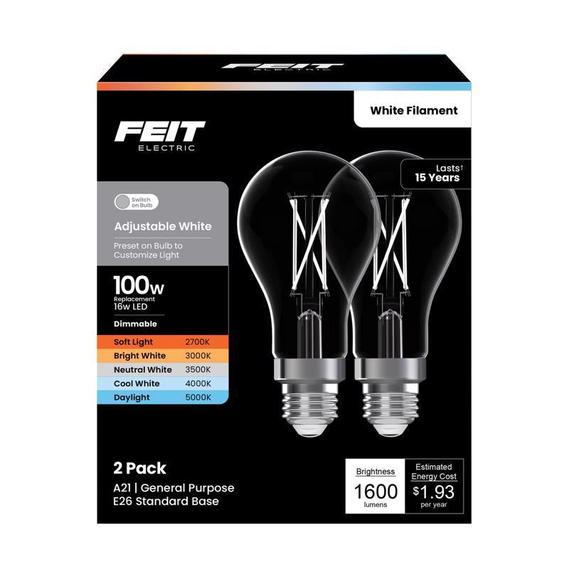 Feit A21 E26 (Medium) Filament LED Bulb Adjustable White 100 Watt Equivalence 2 pk