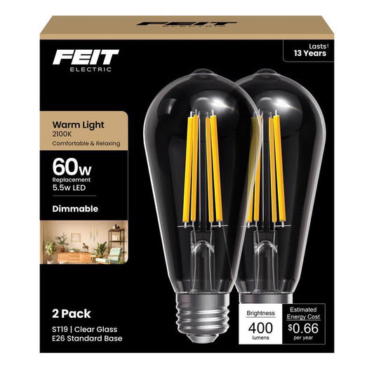 Feit ST19 E26 (Medium) Filament LED Bulb Warm Candle Light 60 Watt Equivalence 2 pk
