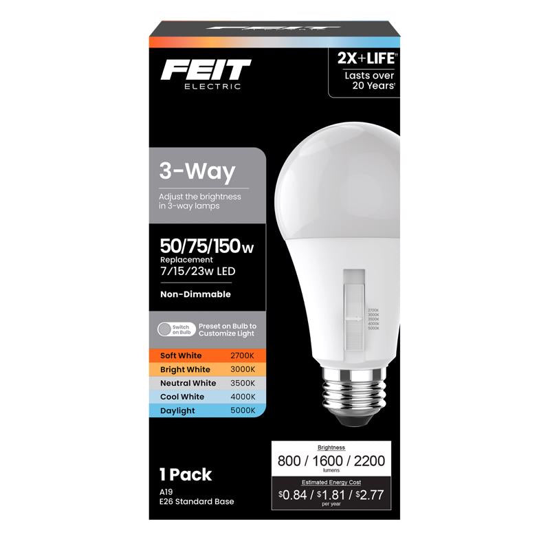 Feit A19 E26 (Medium) LED Bulb Adjustable White 50/75/150 Watt Equivalence 1 pk