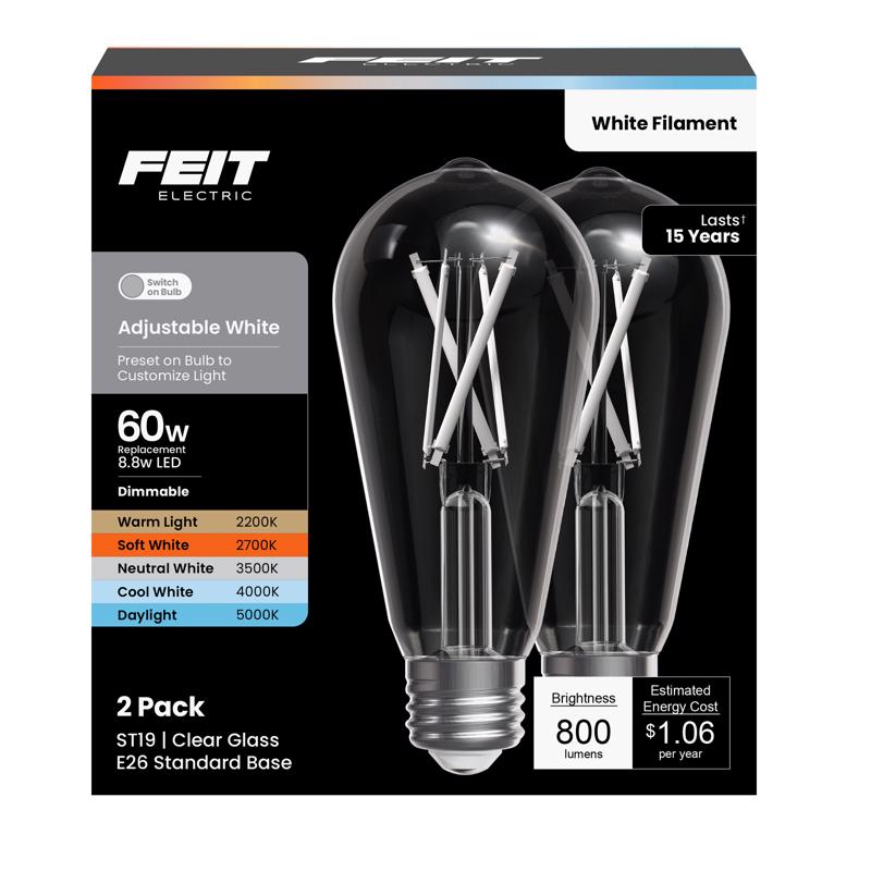 Feit ST19 E26 (Medium) Filament LED Bulb Adjustable White 60 Watt Equivalence 2 pk