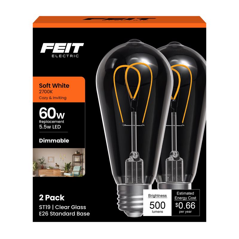 Feit ST19 E26 (Medium) Filament LED Bulb Soft White 60 Watt Equivalence 2 pk